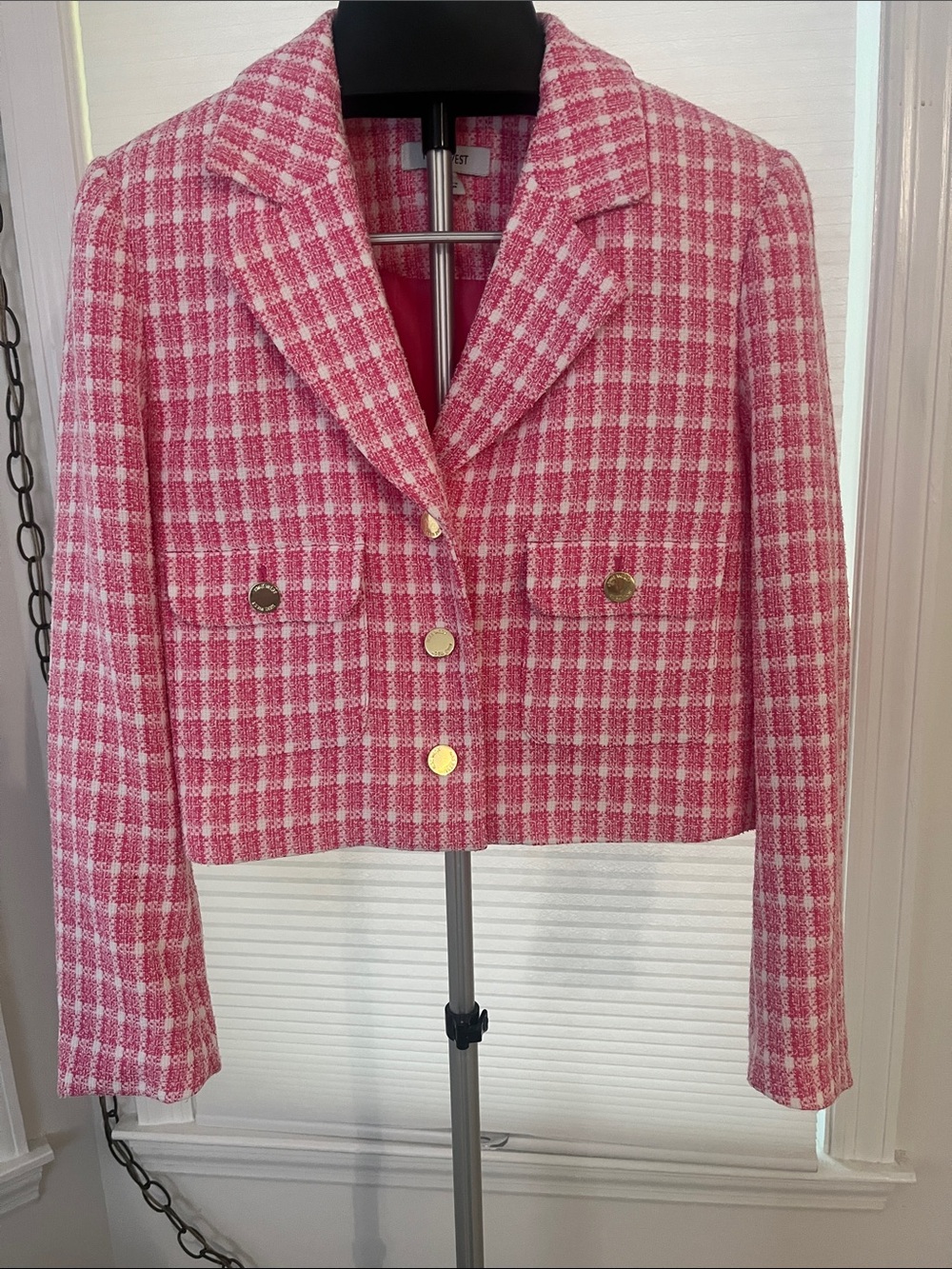 Nine West Pink Tweed Cropped Blazer with Gold Buttons